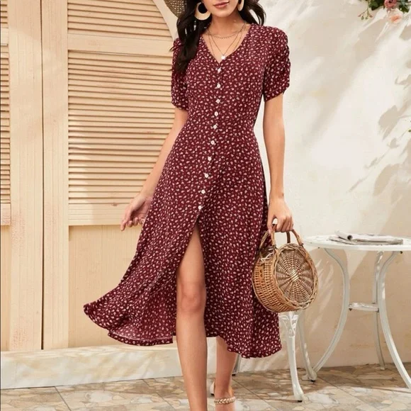Kara and Kate Dresses | Boho Burgundy Ditsy Floral Button Through Slit Dress | Color: Red/White | Size: 4 | Dezz25'S Closet Kara and Kate Dresses | Boho Burgundy Ditsy Floral Button Through Slit Dress | Color: Red/White | Size: 4 | Dezz25'S Closet
